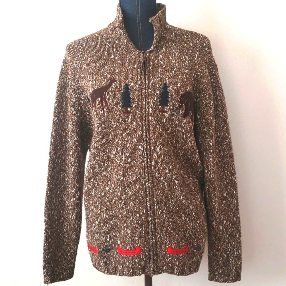 PENDLETON Brown Wool Blend Woodsy Applique Sweater
